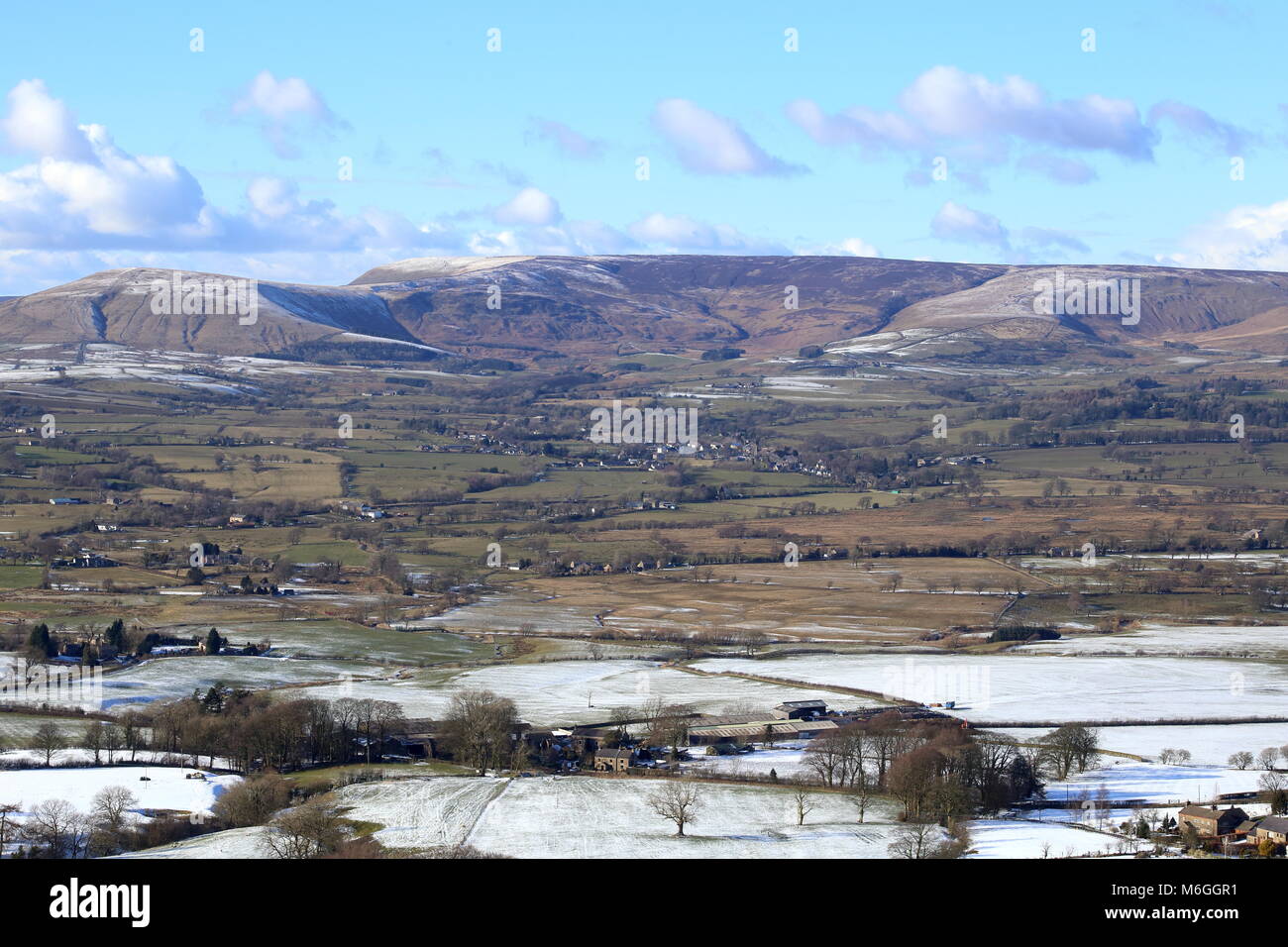 The Bowland Fells and the village of Chipping viewed from Longridge Fell, Lancashire, UK. Stock Photo