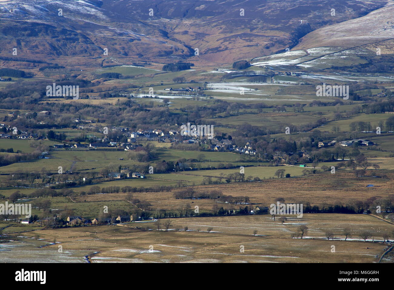 Aerial view of the little village of Chipping, Lancashire at the foot of the Bowland Fells, in Winter. Stock Photo