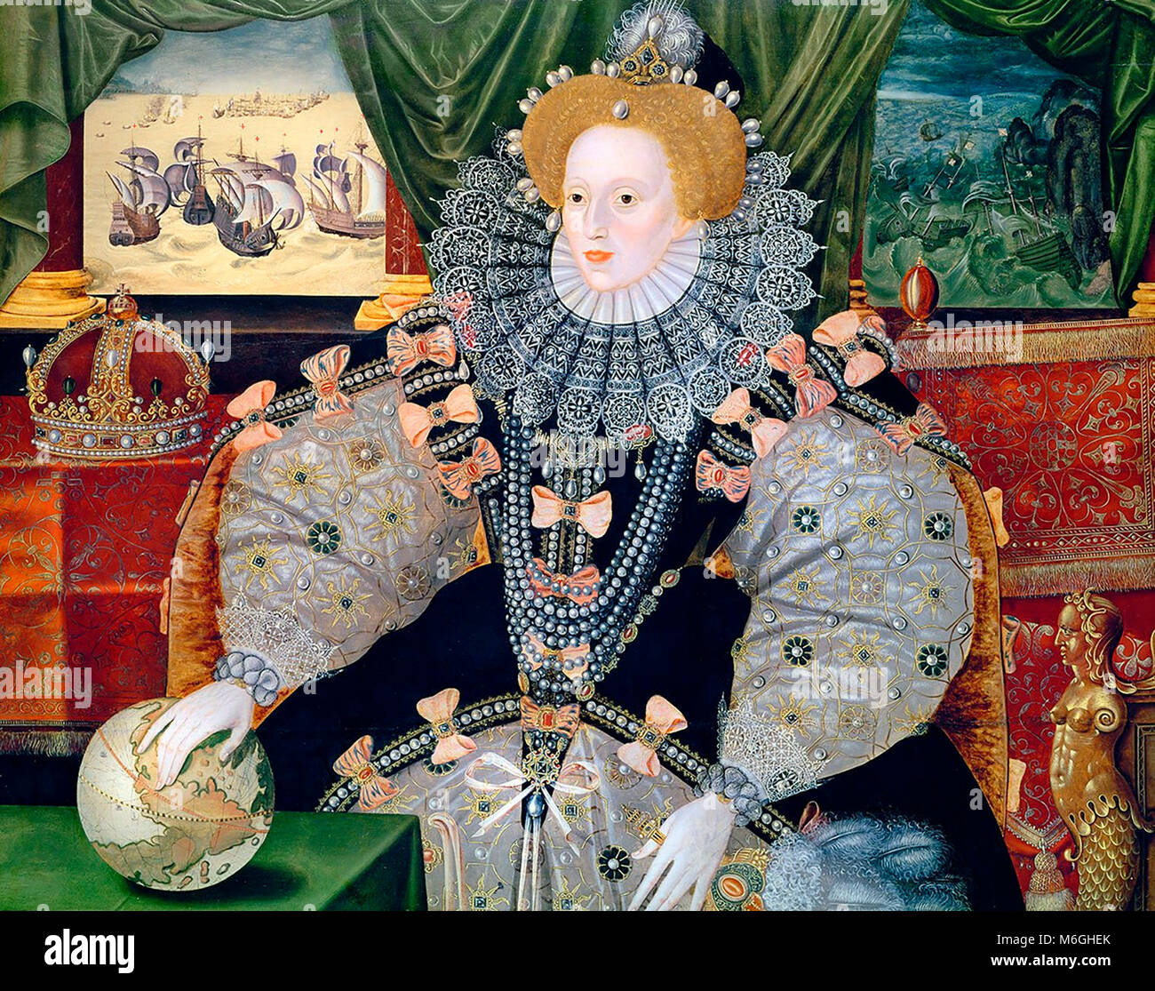 Portrait of Elizabeth I of England, the Armada Portrait.   The portrait was made to commemorate the defeat of the Spanish Armada (depicted in the background). Queen Elizabeth I's international power is reflected by the hand resting on the globe. Stock Photo