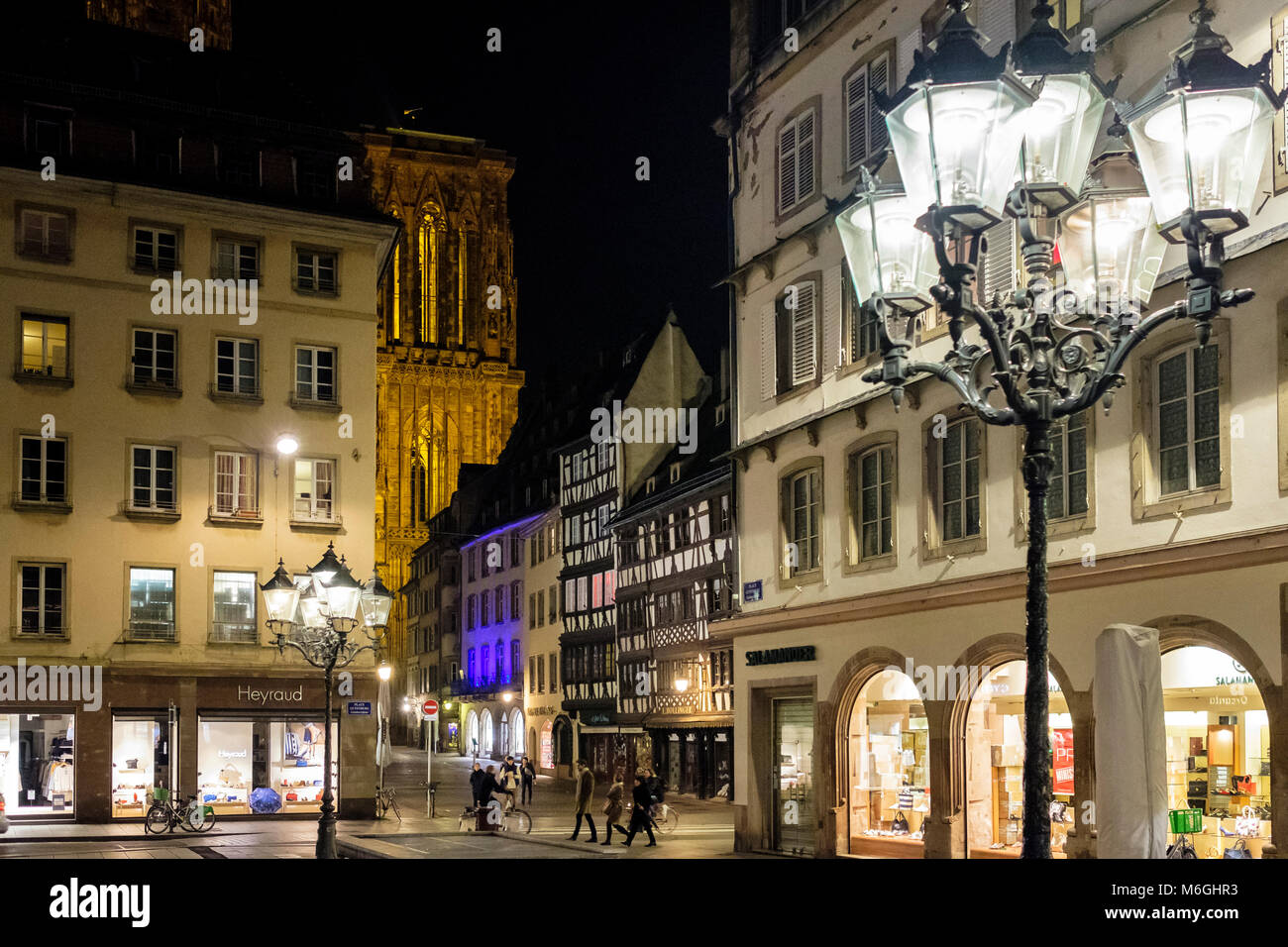 Strasbourg Place Gutenberg square, Rue Mercière street, night, cathedral, street lamps, Strasbourg, Alsace, France, Europe, Stock Photo
