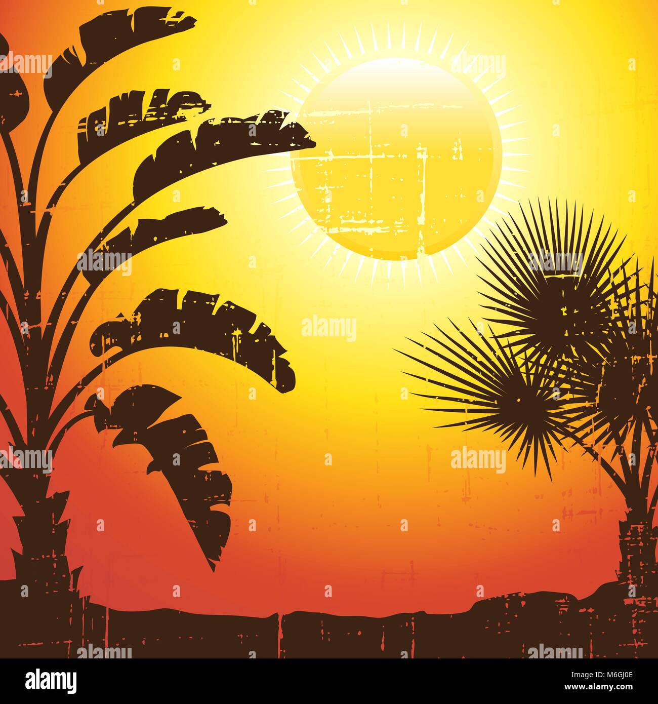 Background with palm trees silhouette at sunset Stock Vector