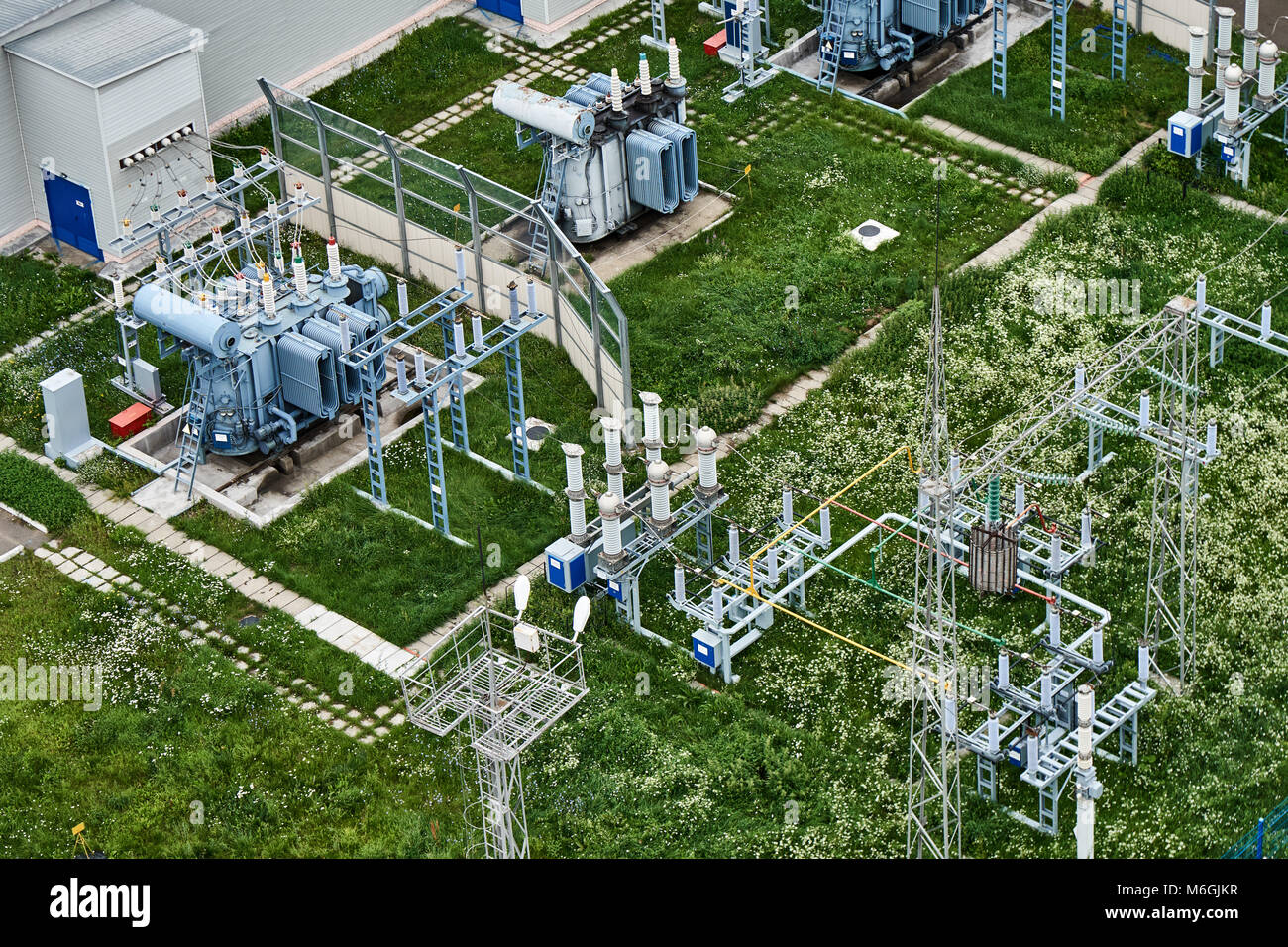 City electric substation on green grass, top view Stock Photo Alamy