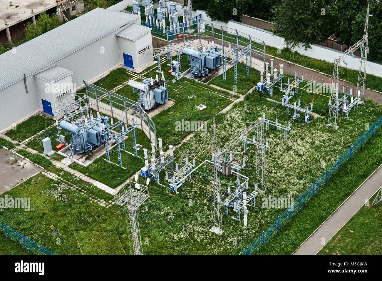 City electric substation on green grass, top view Stock Photo Alamy