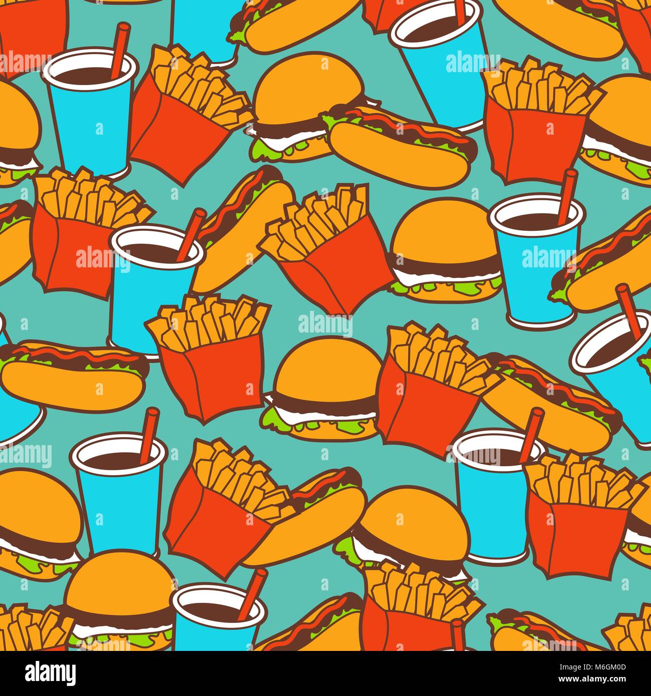 Fast food seamless pattern in retro style Stock Vector