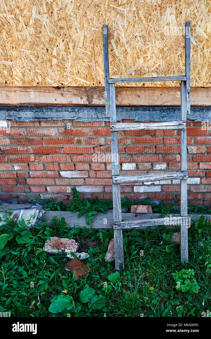 An old wooden ladder leans on a brick and wood panel wall, amidst greenery Stock Photo