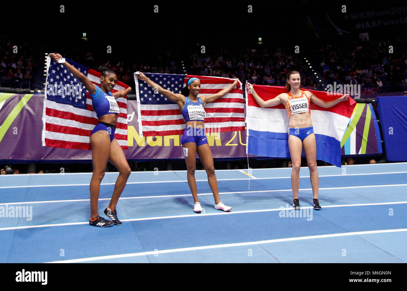 Birmingham, US athlete Kendra Harrison and bronze medalist Netherlands' Nadine Visser pose after the women's 60m hurdles final of the IAAF World Indoor Championships at Arena Birmingham in Birmingham. 3rd Mar, 2018. (From L to R)Silver medalist US athlete Christina Manning, gold medalist US athlete Kendra Harrison and bronze medalist Netherlands' Nadine Visser pose after the women's 60m hurdles final of the IAAF World Indoor Championships at Arena Birmingham in Birmingham, Britain on March 3, 2018. Credit: Han Yan/Xinhua/Alamy Live News Stock Photo
