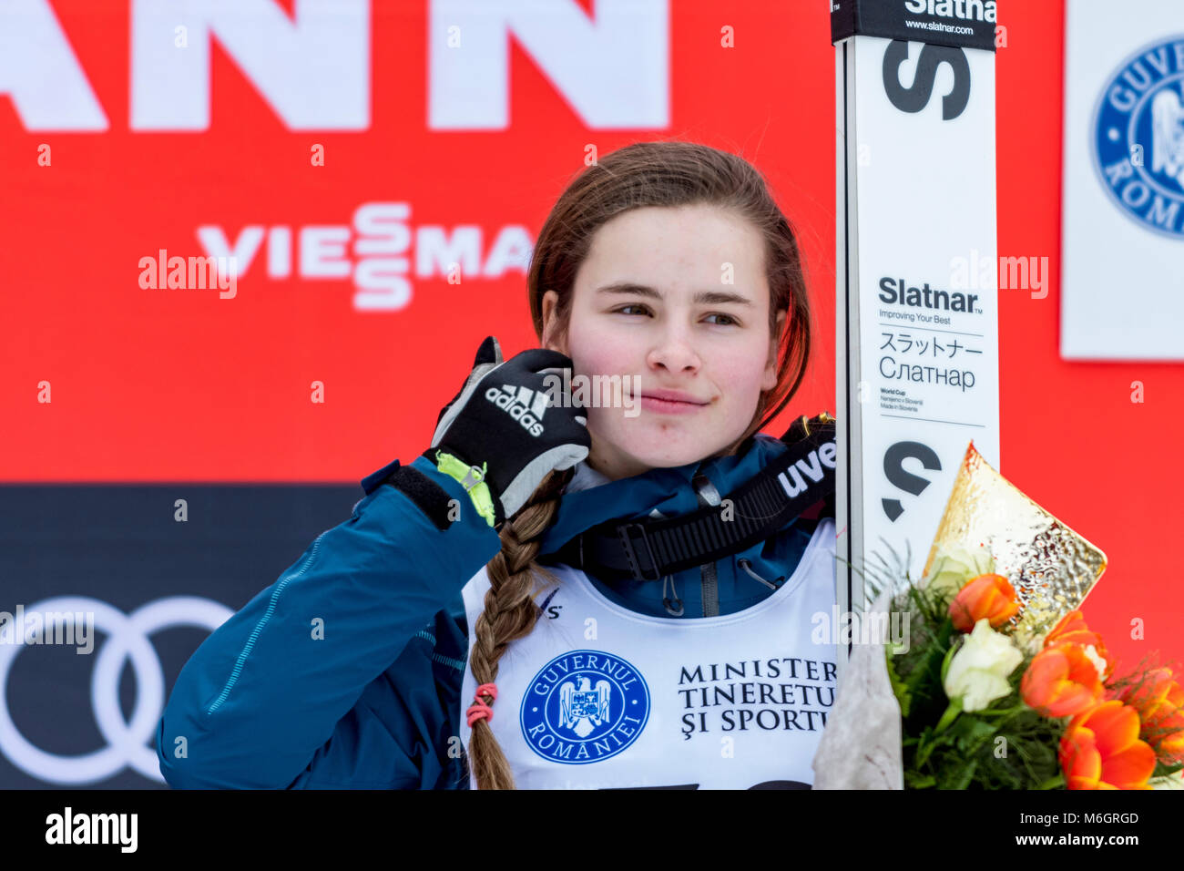 March 4, 2018: Nika Kriznar (SLO) during the award ceremony at FIS Ski  Jumping World Cup Ladies Rasnov (ROU) 2018 at Valea Carbunarii, Rasnov,  Romania ROU. Foto: Cronos/Catalin Soare Credit: Cronos/Alamy Live