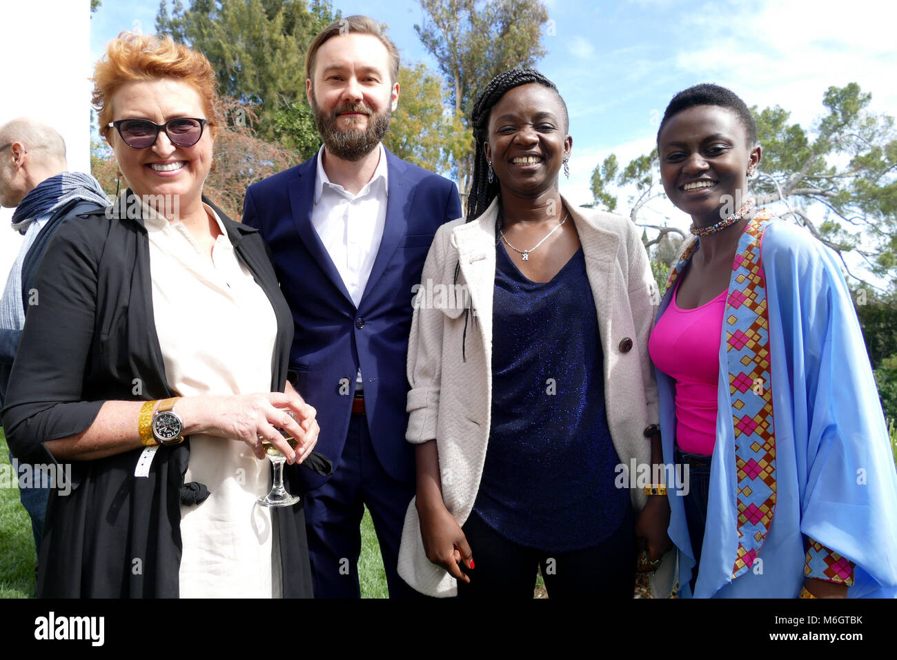 03 March 2018, USA, Los Angeles: The team of the short film 'Watu Wote/All Of Us' with producer Ginger Wilson (L-R), cameraman Felix Striegel, executive producer Krysteene Savane and actress Adelyne Wairimu during the reception of the German Academy Awards nominees at Villa Aurora. The gala of the 90th Academy Awards takes place on 04 March 2018. Photo: Barbara Munker/dpa Credit: dpa picture alliance/Alamy Live News Stock Photo