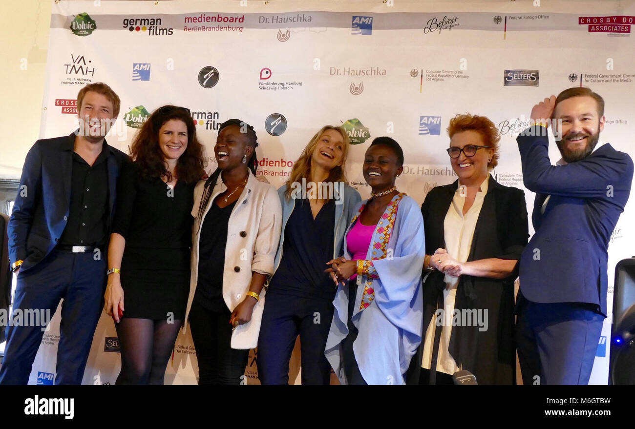 03 March 2018, USA, Los Angeles: The team of the short film 'Watu Wote/All Of Us' with producer Tobias Rosen, director Katja Benrath, executive producer Krysteene Savane, author Julia Drache, actress Adelyne Wairimu, producer Ginger Wilson and cameraman Felix Striegel during the reception of the German Academy Awards nominees at Villa Aurora. The gala of the 90th Academy Awards takes place on 04 March 2018. Photo: Barbara Munker/dpa Credit: dpa picture alliance/Alamy Live News Stock Photo