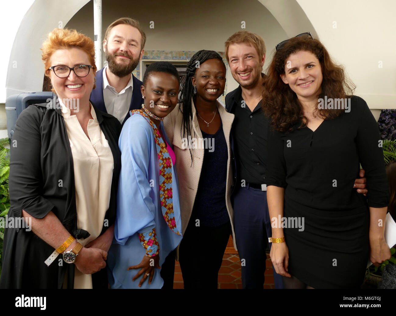 03 March 2018, USA, Los Angeles: The team of the short film 'Watu Wote/All Of Us' with producer Ginger Wilson, cameraman Felix Striegel, actress Adelyne Wairimu, executive producer Krysteene Savane, producer Tobias Rosen and director Katja Benrath during the reception of the German Academy Awards nominees at Villa Aurora. The gala of the 90th Academy Awards takes place on 04 March 2018. Photo: Barbara Munker/dpa Credit: dpa picture alliance/Alamy Live News Stock Photo