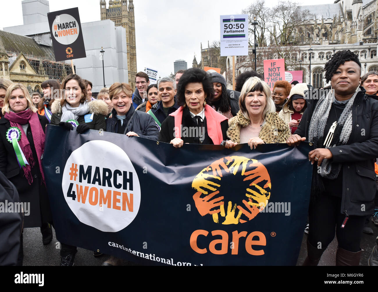 Westminster, London, UK. 4th March 2018. The annual March4Women march from Parliament to Trafalgar Square in central London to celebrate International Women’s Day and 100 years since women in the UK first gained the right to vote. Stock Photo