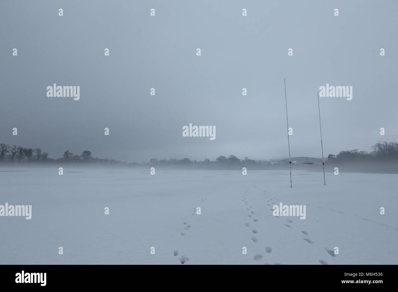 Dublin, Ireland. 4th Mar, 2018. A snow covered GAA pitch in Marlay Park in Dublin during a period of fog. Image from Dublin, Ireland during the aftermath of Storm Emma. Credit: Brendan Donnelly/Alamy Live News Stock Photo