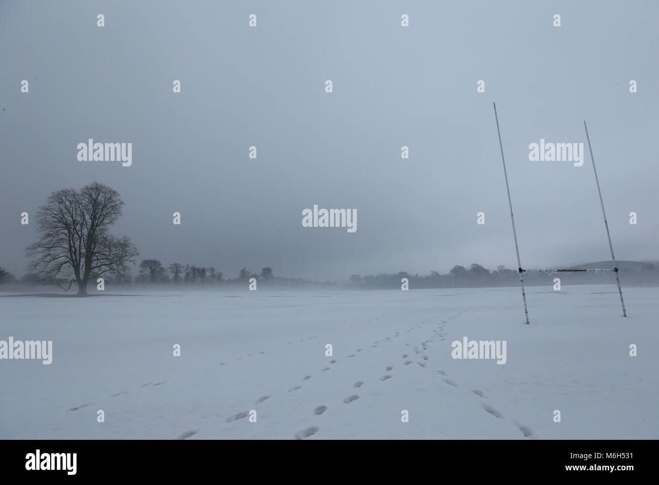 Dublin, Ireland. 4th Mar, 2018. A snow covered GAA pitch in Marlay Park in Dublin during a period of fog. Image from Dublin, Ireland during the aftermath of Storm Emma. Credit: Brendan Donnelly/Alamy Live News Stock Photo