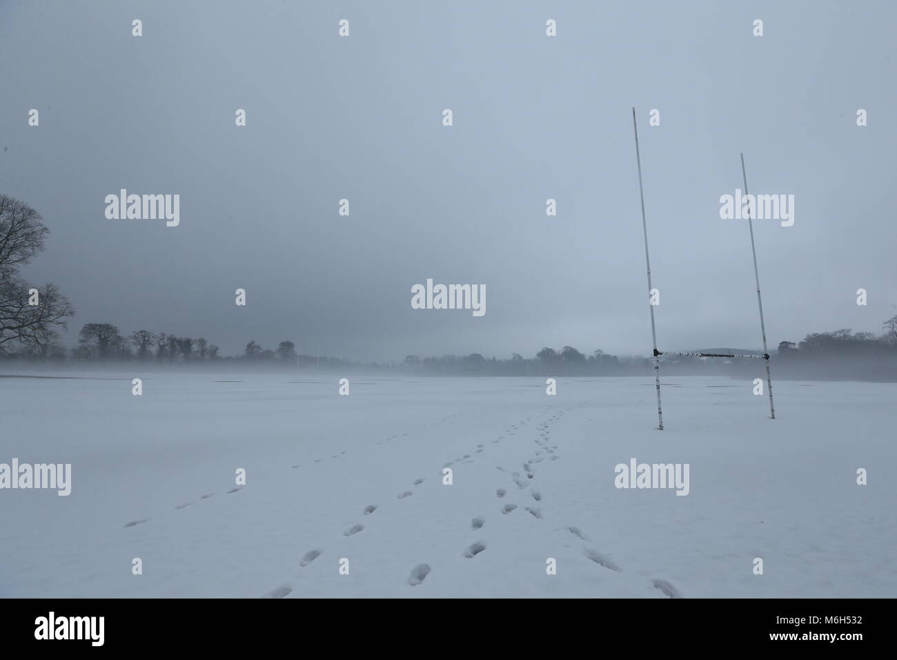 Dublin, Ireland. 4th Mar, 2018. A snow covered GAA pitch in Marlay Park in Dublin during a period of fog. Image from Dublin, Ireland during the aftermath of Storm Emma. Credit: Brendan Donnelly/Alamy Live News Stock Photo