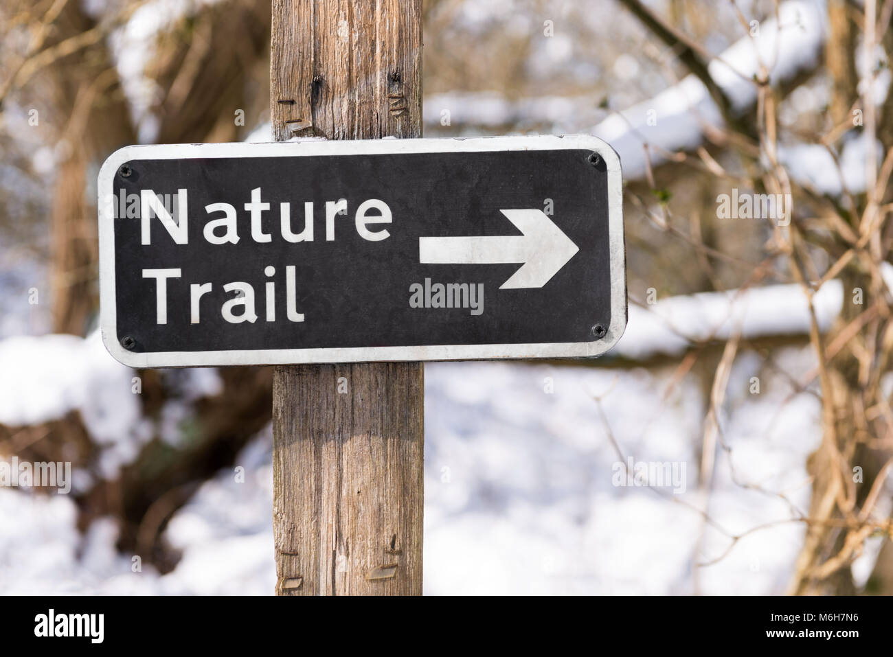 Nature trail sign on a hiking path in a snow covered forest Stock Photo