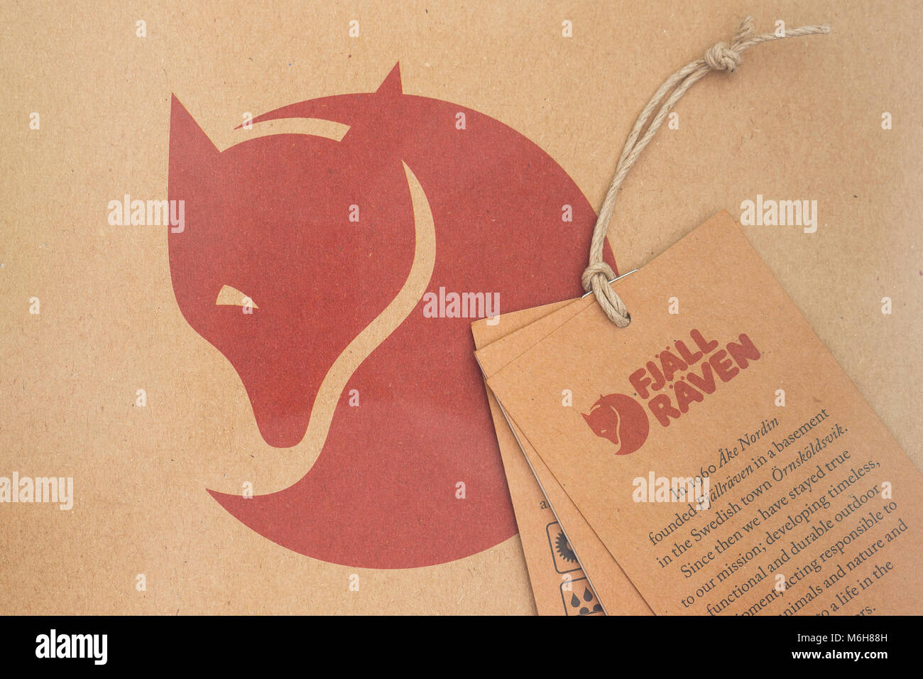 Fjallraven logo and tags, based on a stylised Arctic Fox, as used on outdoor clothing and equipment. Made in Sweden. Stock Photo