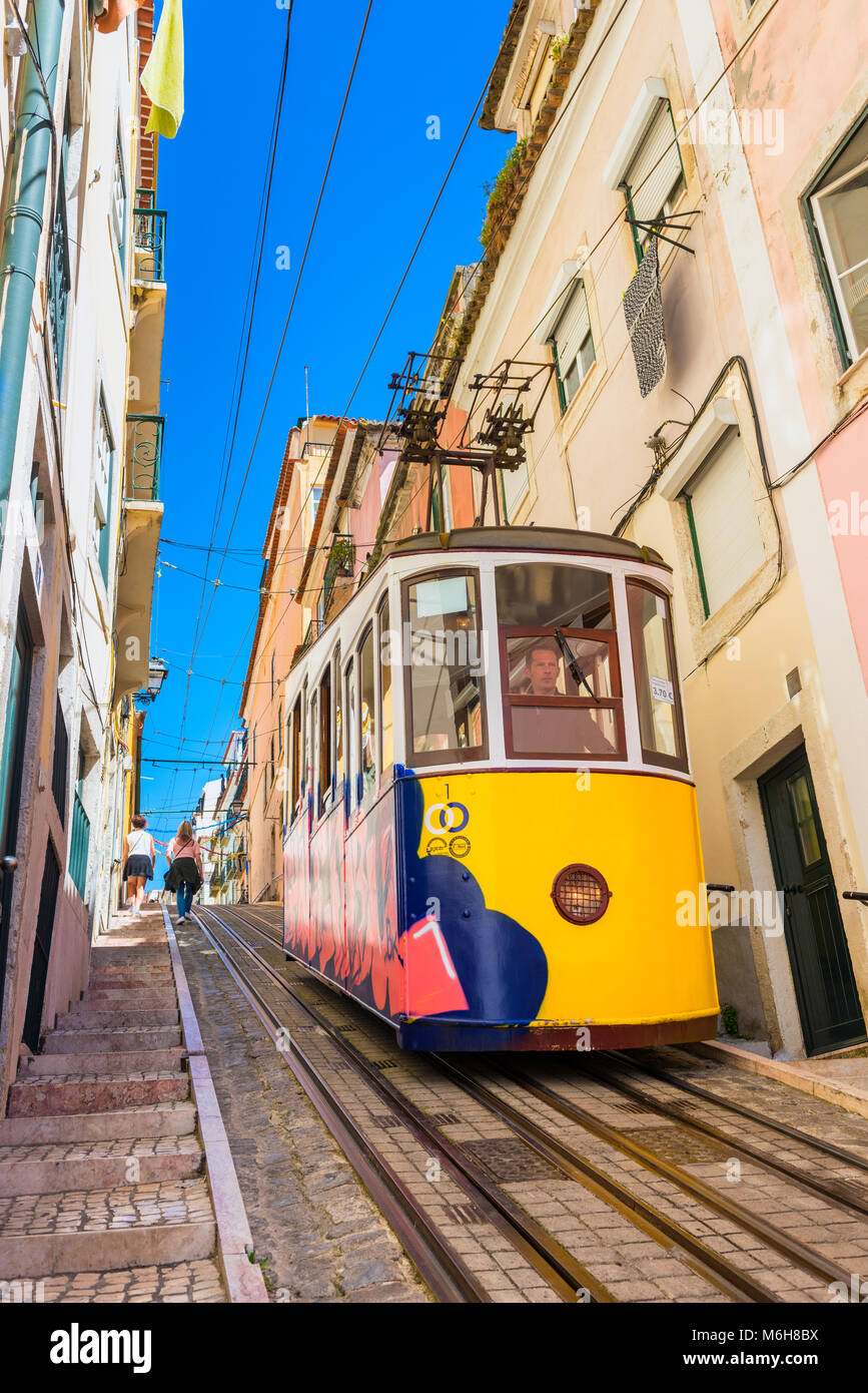Tram of the Bica Funicular Railway Line in Lisbon Portugal Stock Photo