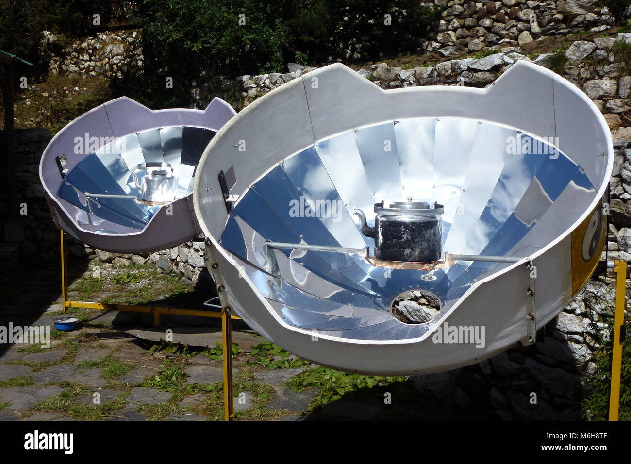 Picture of a parabolic solar heaters for hot water, Pangboche, Everest Base Camp trek, Nepal Stock Photo