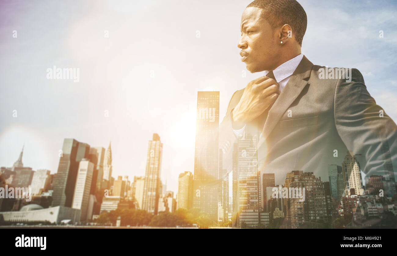 double exposure with business man and city skyline Stock Photo - Alamy