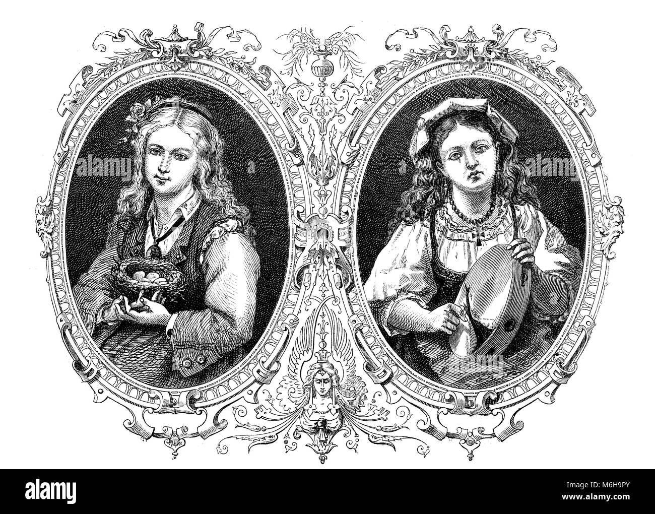Happiness and affliction:  girl happy with nest, girl sad with broken tambourine, vintage engraving Stock Photo