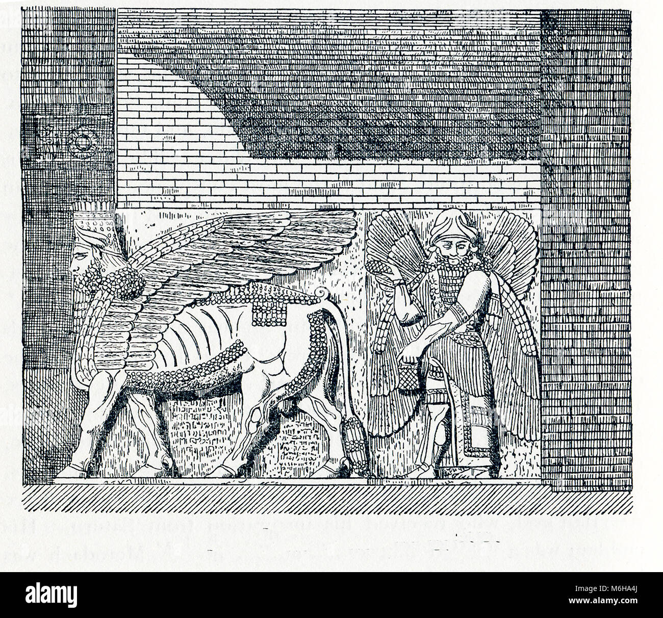 This illustration dates to around 1898 and shows a scene from Assyrian mythology. At right is a winged figure. At left is a winged human-headed bull. Each is a genius, which the Assyrians depicted as bulls with human heads, men with birds' heads, and winged men. While they are not all-powerful deities, they are endowed with super-human powers. They had the power to ward off evil spirits. Here, the symbolism includes the power of these deities to protect the walls and gates of the city. The pince-cone in the right hand of the figure at right would have been filled with holy water and would be u Stock Photo