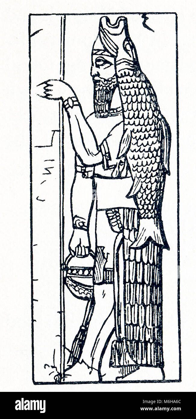 This illustration dates to around 1898 and shows Anou or Dagon from a relief at Nimroud (also spelled Nimrod). Dagon is an ancient Mesopotamian deity, often associated with fertility and agriculture. The fish seen here with him was known as dag, hence the reason for his name. Nimroud (also spelled Nimrod) is the Assyrian name for the city of Kalhu on the Nineveh plains. Nimroud is located south of present-day Mosul in Iraq. Anou (also spelled Anu) was the ancient Mesopotmaian god of the sky. Anou was originally the supreme deity of the  Babylonian pantheon. Stock Photo