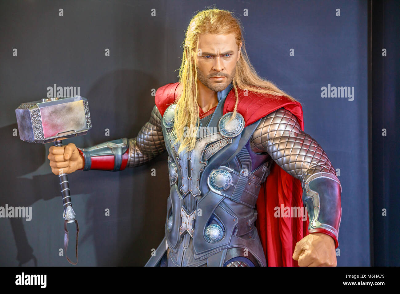 Tokyo, Japan - April 20, 2017: portrait of Thor Chris Hemsworth, God of Thunder, model with an enchanted hammer Mjolnir, from Age of Heroes movie at Mori Tower, Roppongi Hills complex, Minato Tokyo. Stock Photo