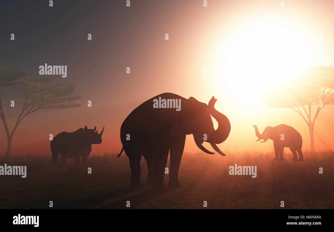 3D render of wild animals in a sunset landscape Stock Photo - Alamy