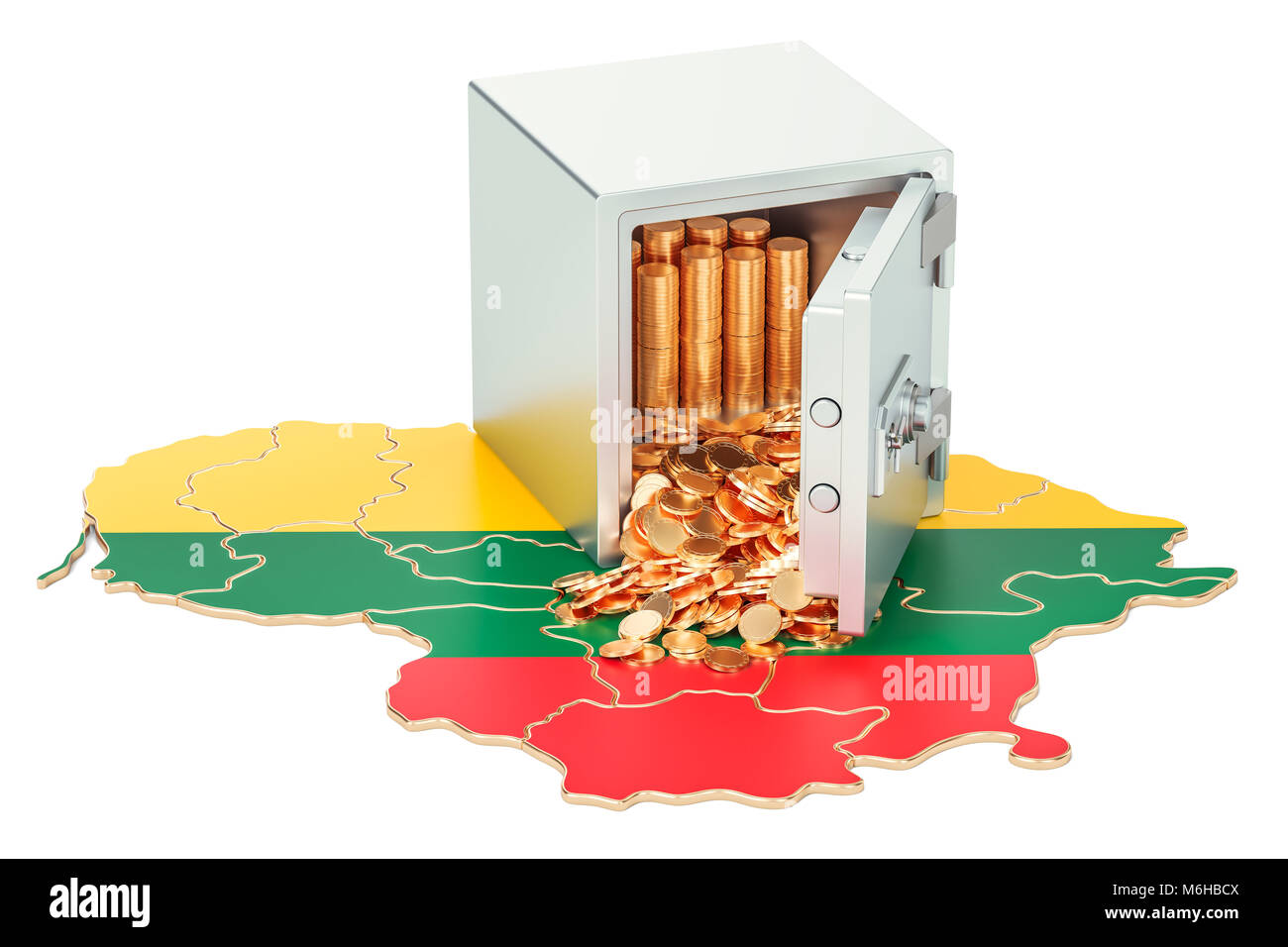 Safe box with golden coins on the map of Lithuania, 3D rendering Stock ...