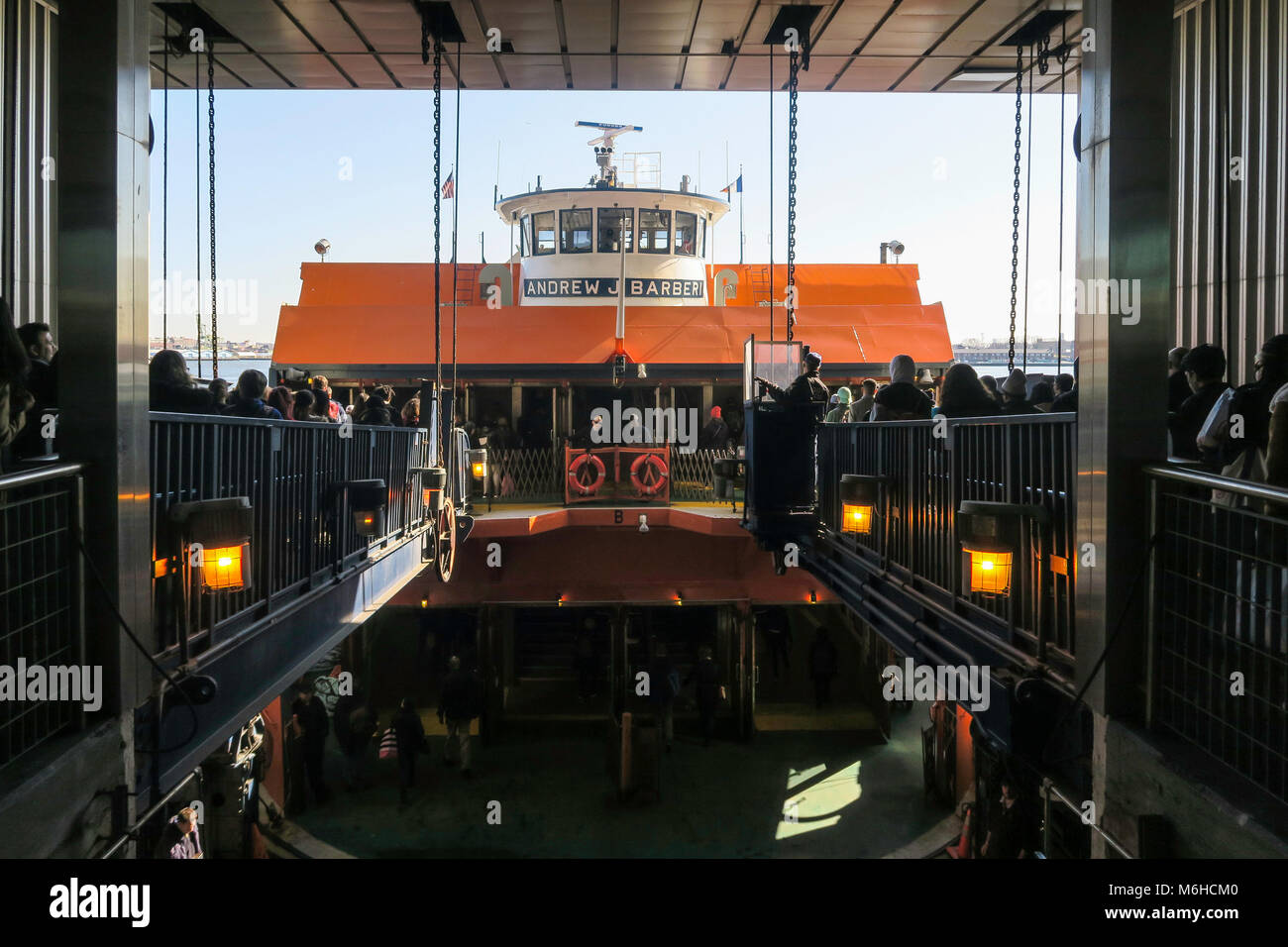 The Staten Island Ferry is docked at it's ferry terminal in Lower Manhattan, NYC, USA Stock Photo