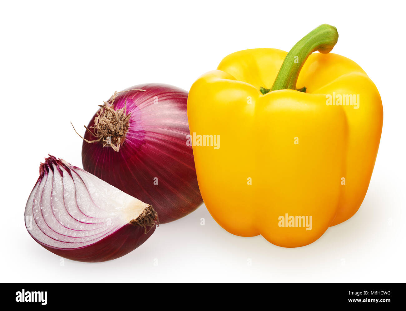 Whole fresh unpeeled red onion with slice and yellow bell pepper ...