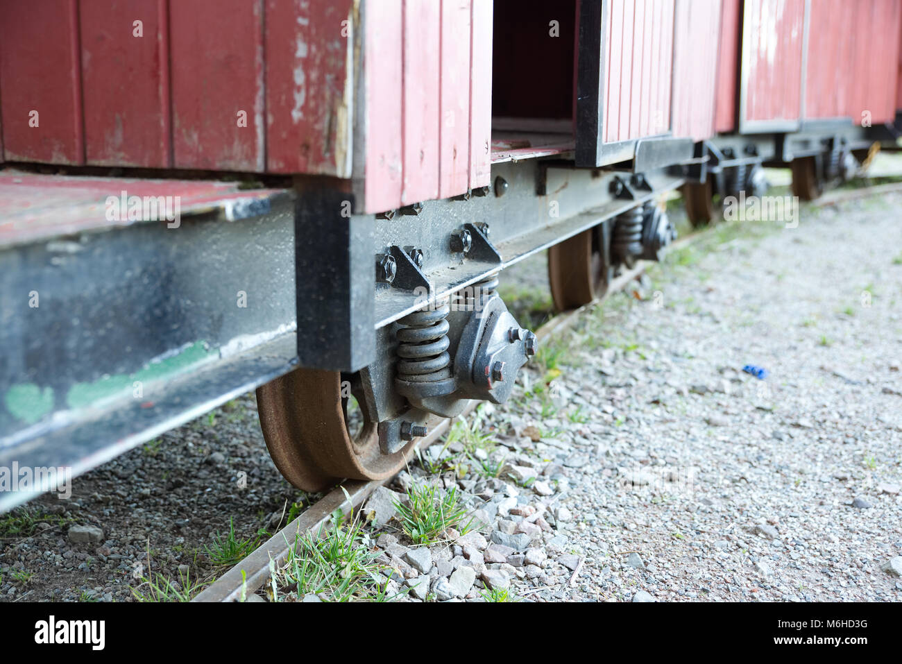 Close-up of the wheels boogie of passenger wagons used on a mine railway Stock Photo