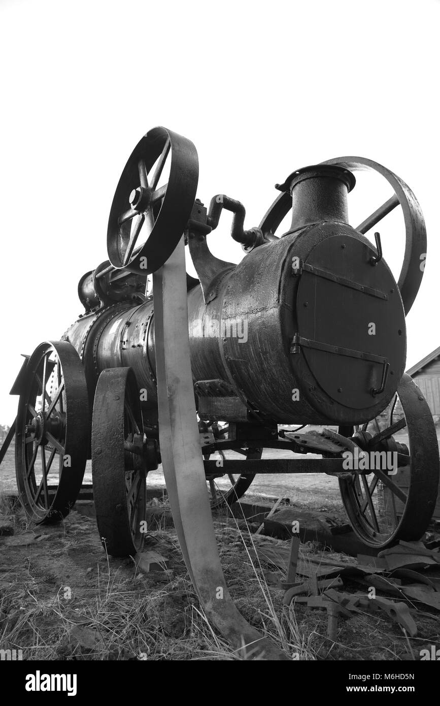 Portable steam engine made by Clayton & Shuttleworth at Konnerud Mining Museum in Norway (black & white) Stock Photo