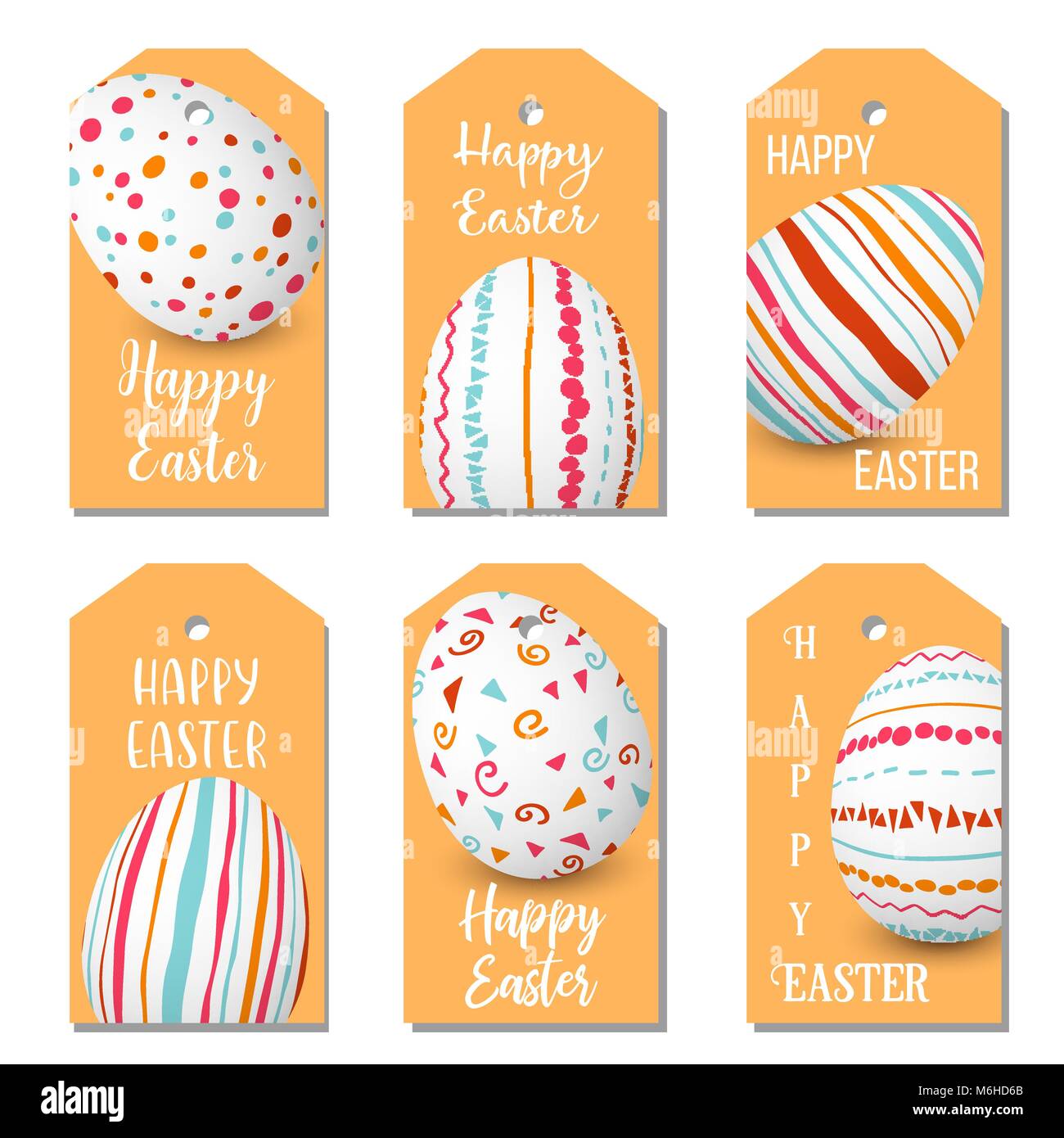 Happy Easter eggs golden labels set. 6 ribbon tags collection. colorful eggs designed as labels. Simple decorated ornaments. Stock Vector