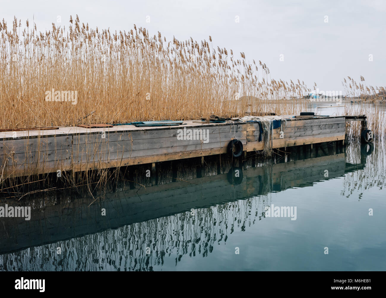 Lake With Wooden Bridge Or Dock With Marshy Grass Stock Photo Alamy
