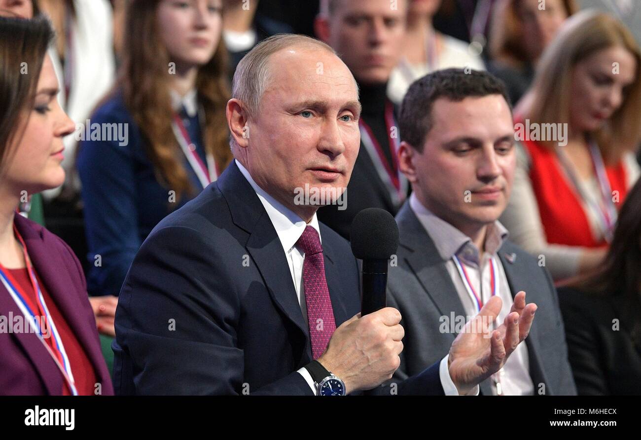 Russian President Vladimir Putin addresses members of the Fifth Truth and Justice Media Forum, organized by the Russian Popular Front March 2, 2018 in Kaliningrad, Russia. Stock Photo