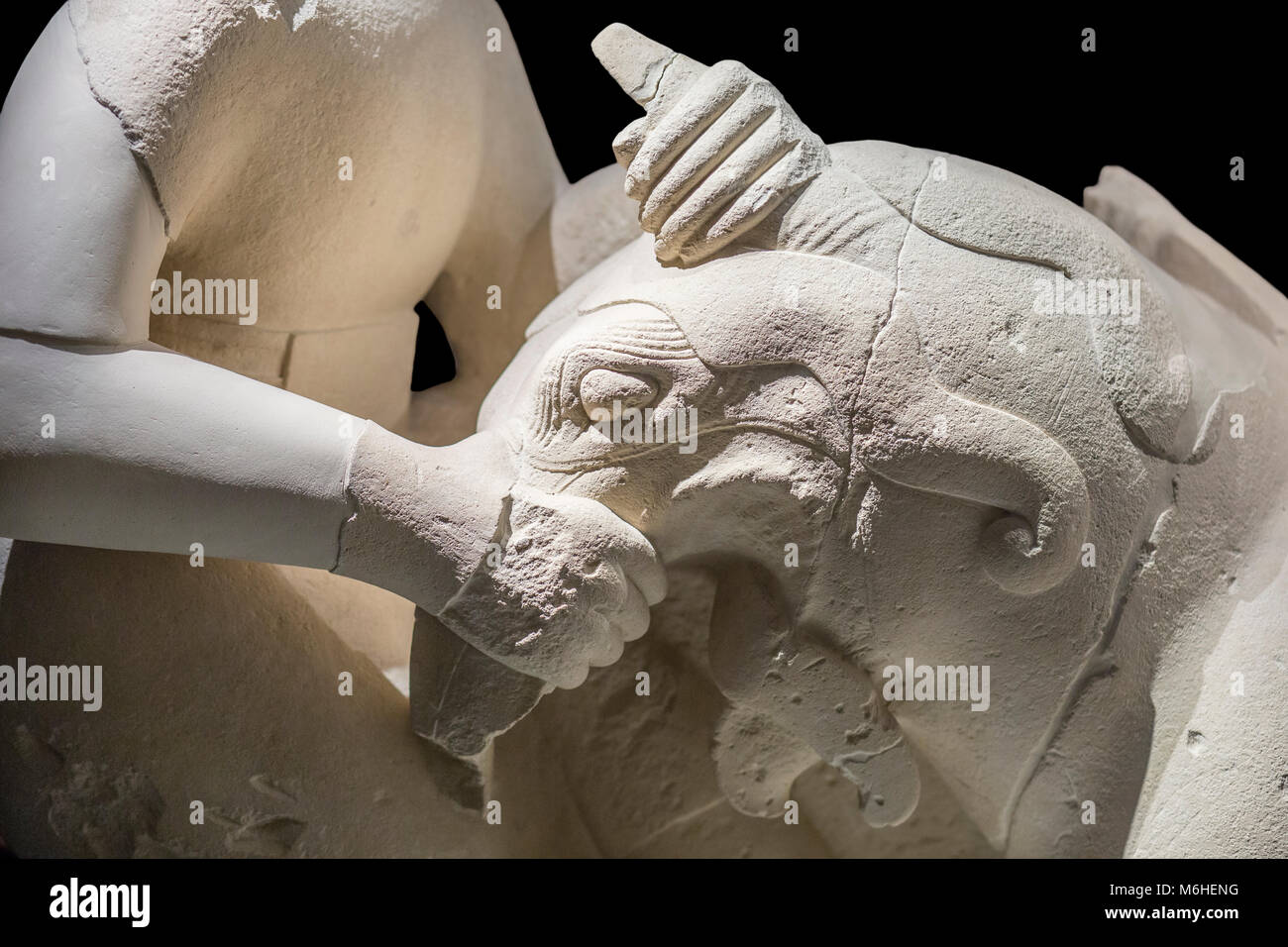 Jaen, Spain - December 29th, 2017: Griphomaquia, sculpture group made of calcarenite, Cerrillo Blanco, Porcuna at Iberian Museum of Jaen Stock Photo