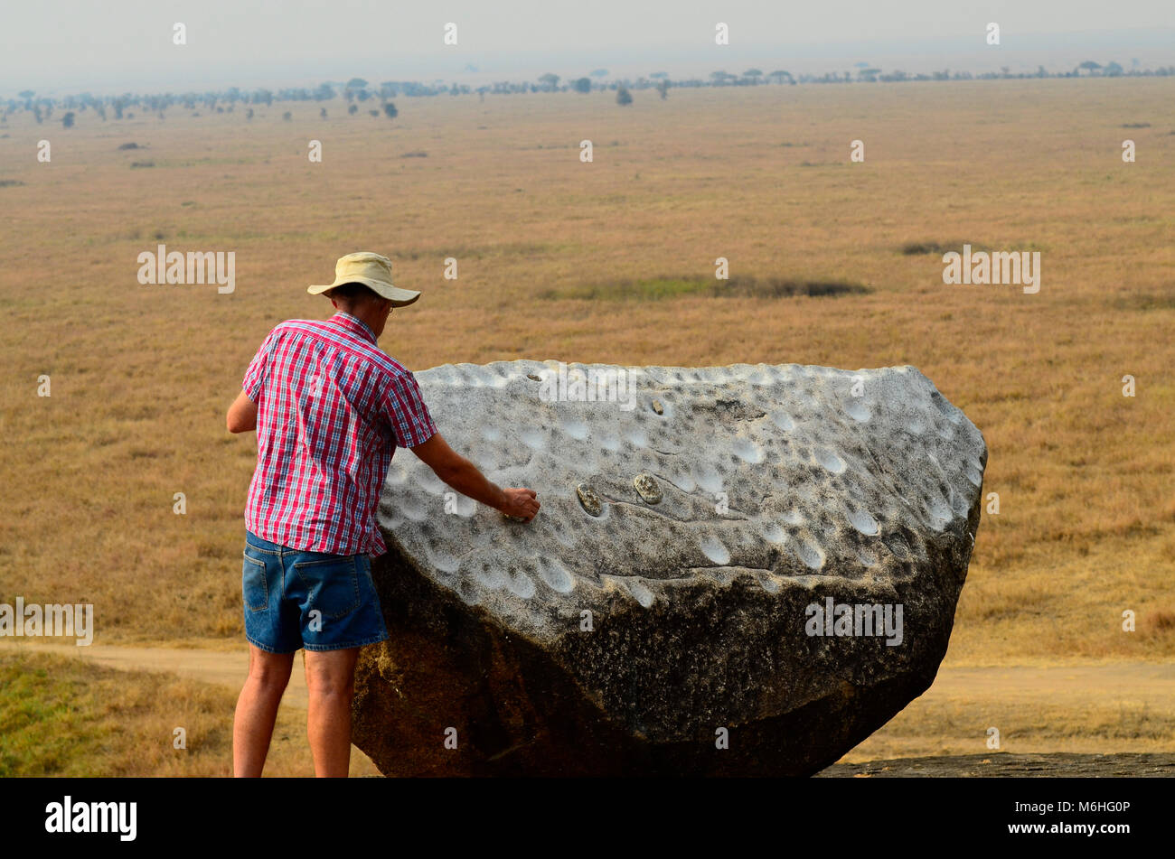 Serengeti National Park in Tanzania, is one of the most spectacular wildlife destinations on earth. Tourist banging rock on gong rock. Stock Photo