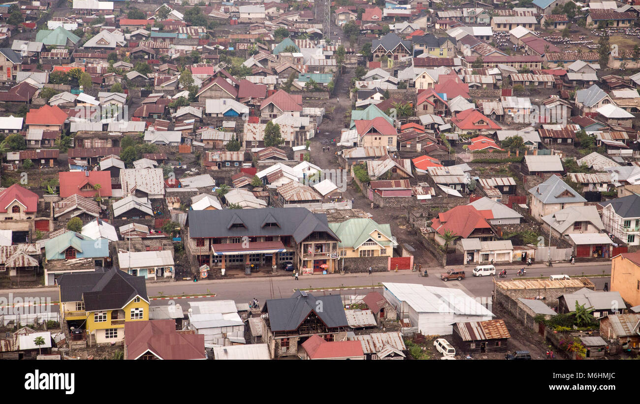 Aerial image of an area of Goma, the capital city of the North Kivu province in the eastern Democratic Republic of the Congo. Stock Photo