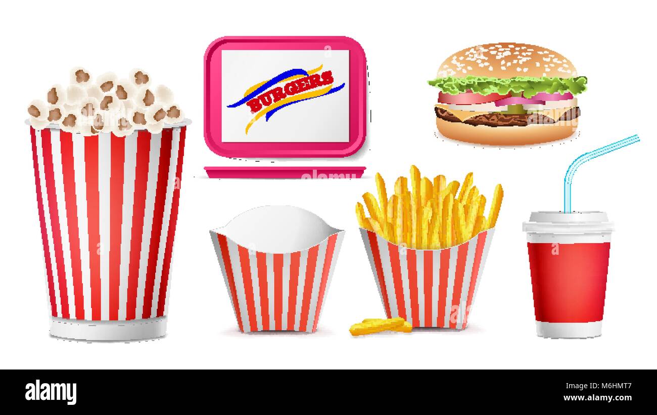 Realistic Fast Food Icons Set Vector. French Fries, Coffee, Hamburger ...