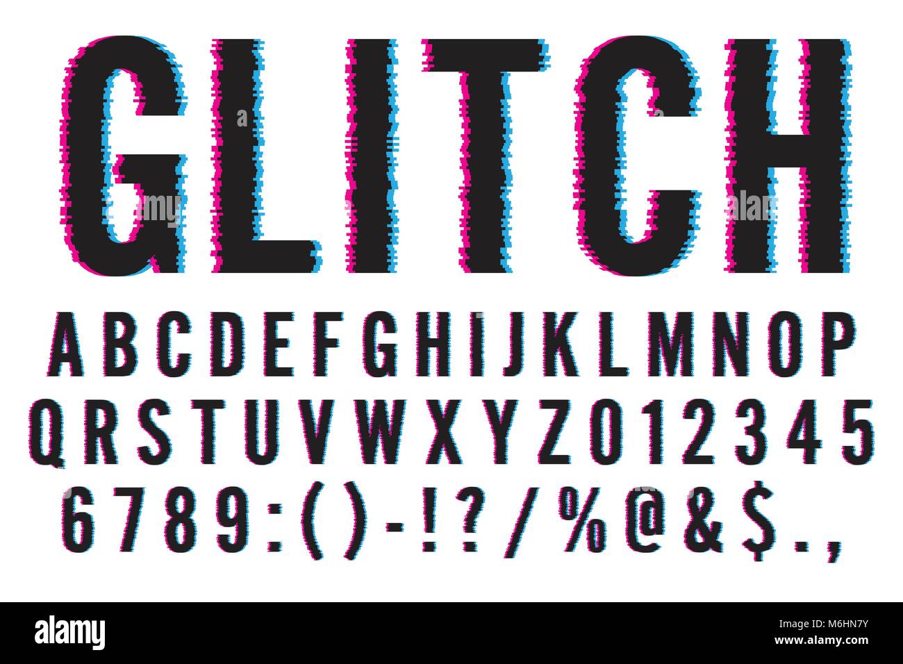 Trendy Distorted Glitch Font Typeface Letters, Numbers and Symbols Vector Illustration Stock Vector
