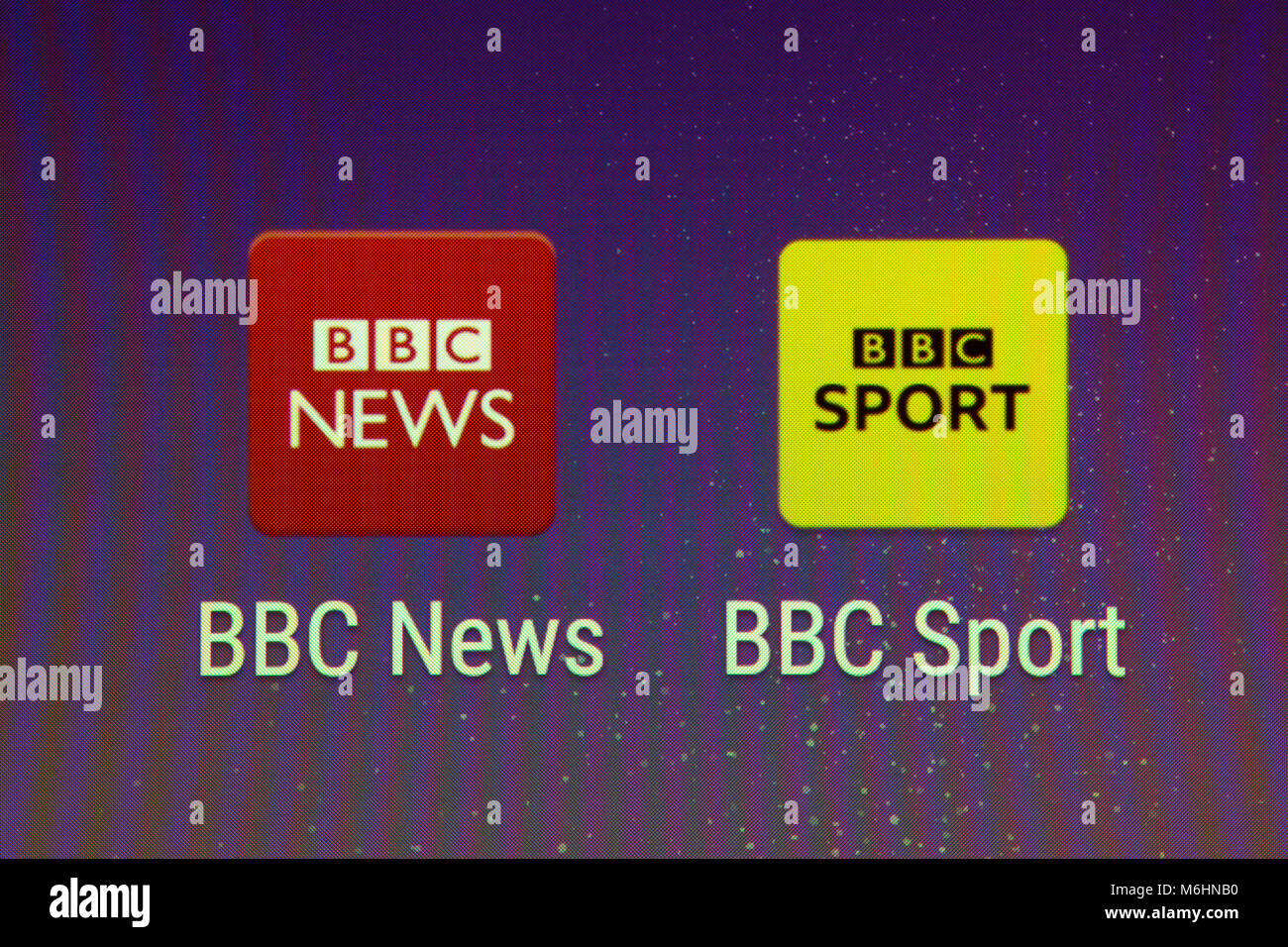 A closeup of the BBC News and BBC Sport apps on a smartphone screen Stock Photo