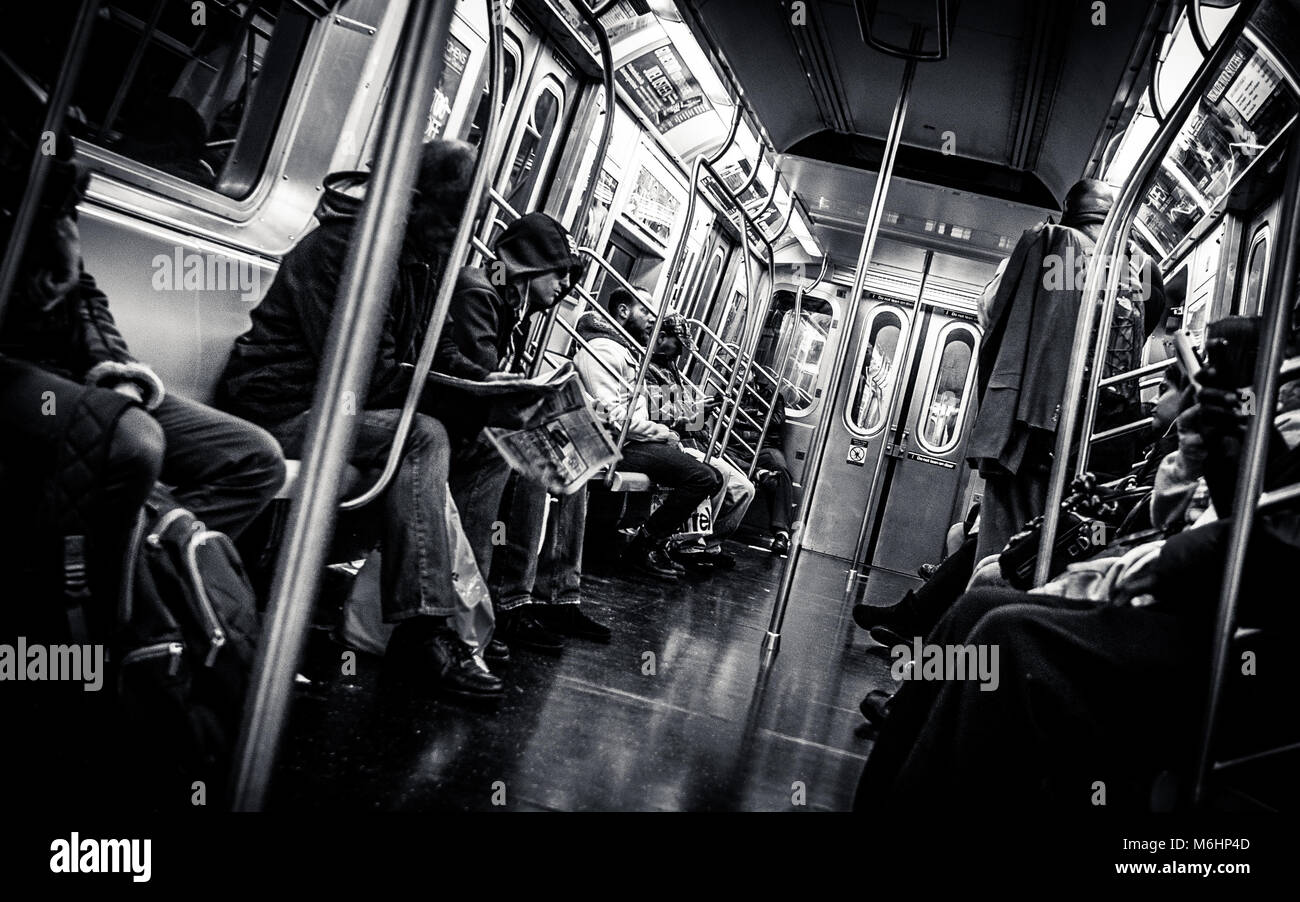 Black and White image taken on a New York Subway train Stock Photo