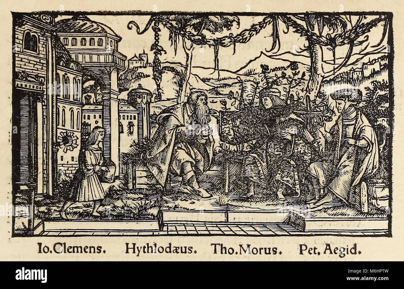 Woodcut from 1518 third edition of ‘Utopia’ by Sir Thomas More (1478–1535) published in Basel showing the author conversing with the protagonist Raphael Hythloday about the  ideal society he found on the island of Utopia. Woodcut by Hans Holbein the Younger (1497-1543). See more information below. Stock Photo