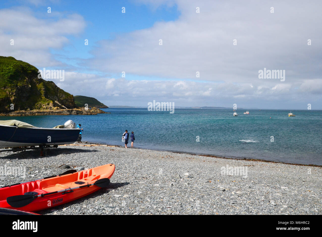 Kayak on Porthallow Beach, near Helston, Cornwall Stock Photo