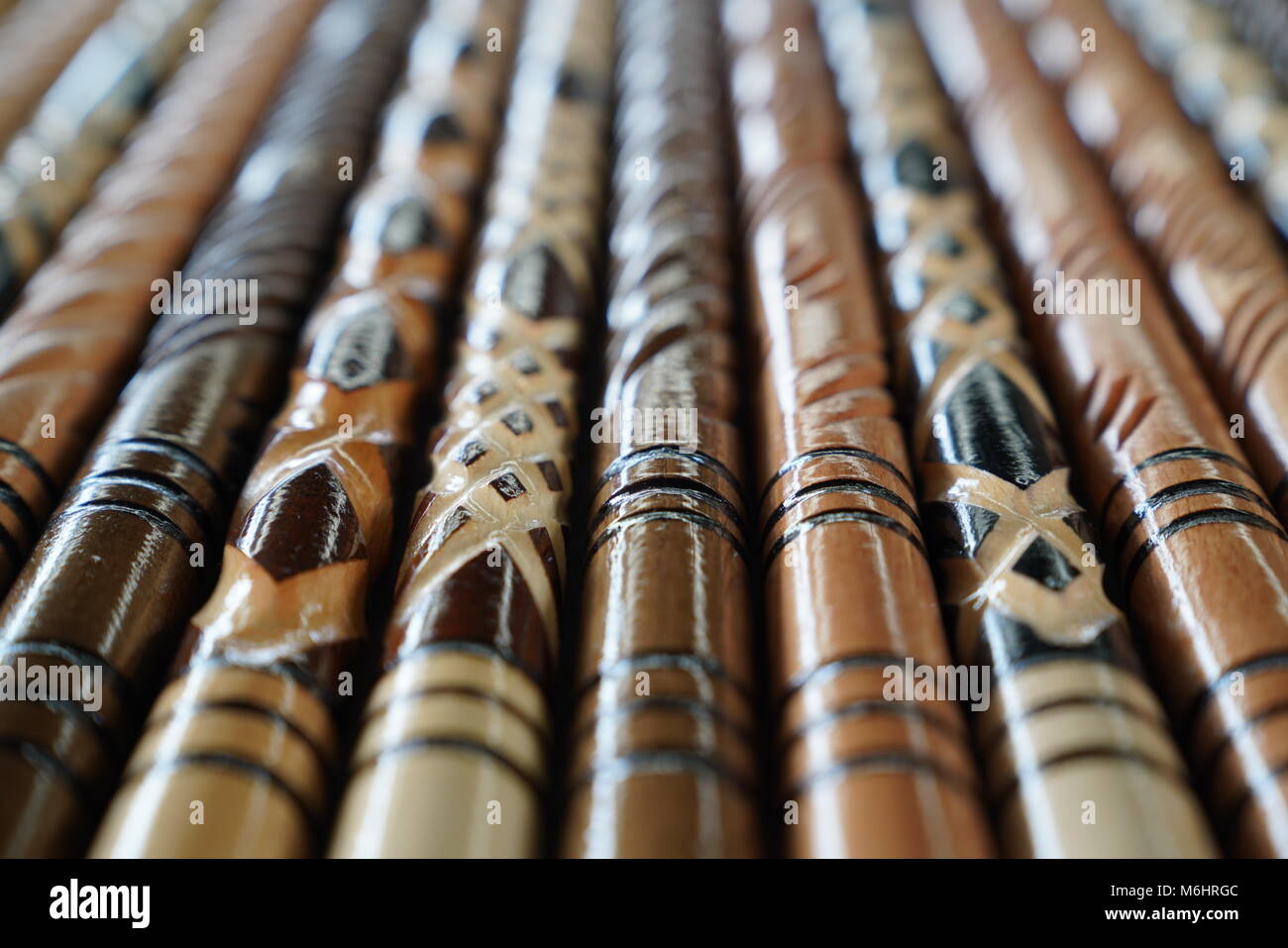 Closeup of wooden walking sticks in different patterns Stock Photo Alamy
