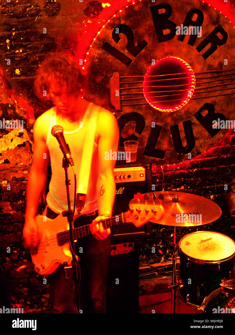 2002, A band on the stage at the famous 12 Bar Club. A live music venue in London's Soho, known as Britain's 'Tin Pin Alley', it opened in 1994 and many well-known musicians and groups played there before it closed in 2015. Stock Photo