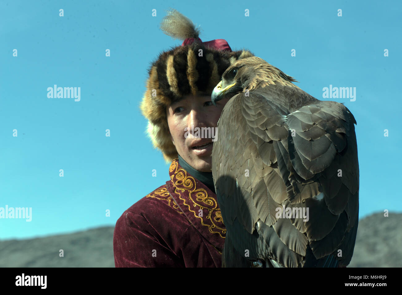 A Kazakh eagle hunter with his golden eagle at the 2017 golden eagle festival, Olgii, western Mongolia. Stock Photo