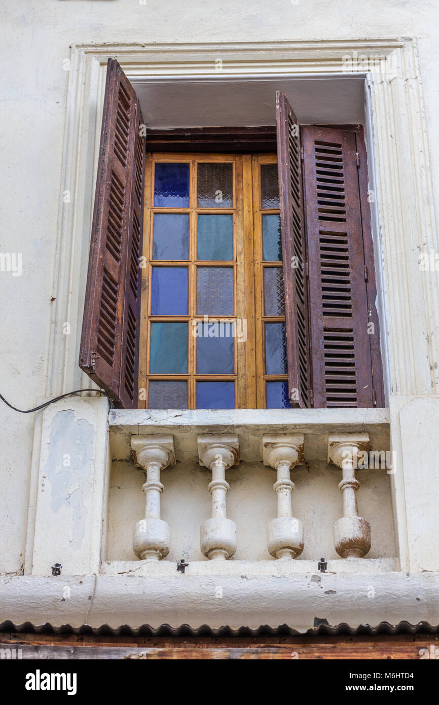 Detail of architectural style of window along Rue des Merinides, in the Mellah or Jewish Quarter of Fes, Morocco Stock Photo