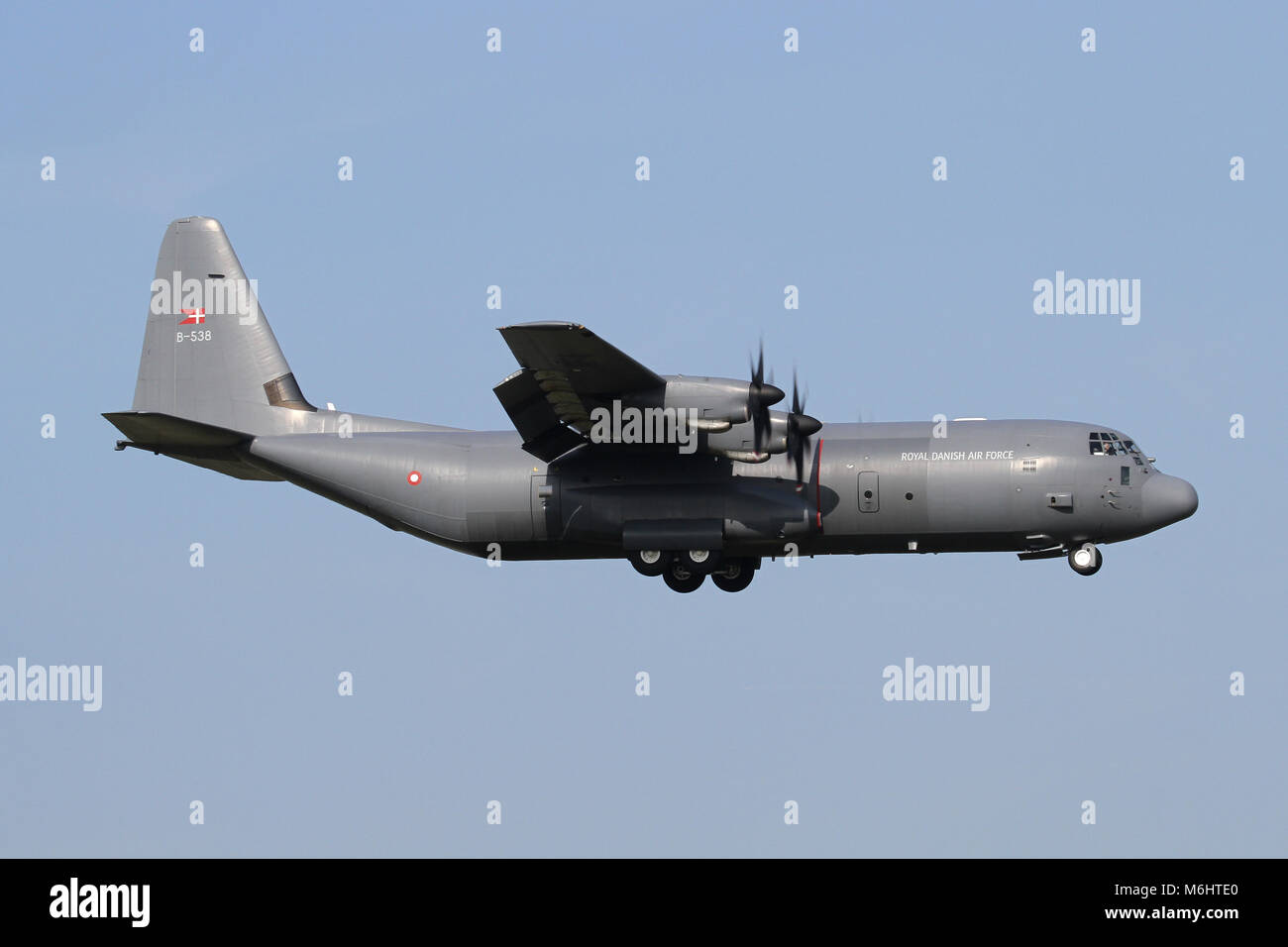 Royal Danish Air Force C-130J Hercules on approach in RAF Mildenhall during a joint exercise. Stock Photo